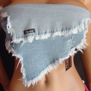 Nude Designs Denim Triangle destroyed tie top Small S Faded Wash Blue